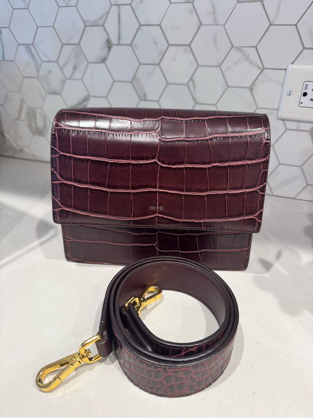 JW PEI Wine Burgundy Croc-Embossed mini flap Crossbody Bag with Gold Hardware